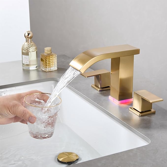 Brushed Gold Waterfall Bathroom faucets, 8 inch Widespread Modern Sink Faucet, Touch on 3 Hole 2 Handle Vanity,Gold Bathroom Sink Faucet with LED