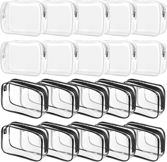 Tergy 20 Packs Clear Cosmetics Bags for Women Men Waterproof Toiletry Bags PVC Makeup Bags Organizer Case with Zipper for Travel Bathroom (Black&White)