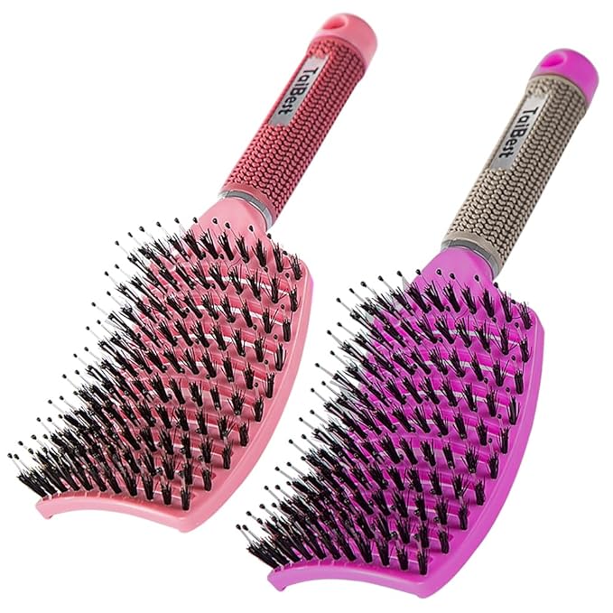 TaiBest Boar Bristle Hair Brush Set - Dry/Wet Hair Brush Detangler for Fine, Thick, Curly Hair - Curved and Vented Brush for Women, Men or Kids (Rose Red & Apricot Pink)