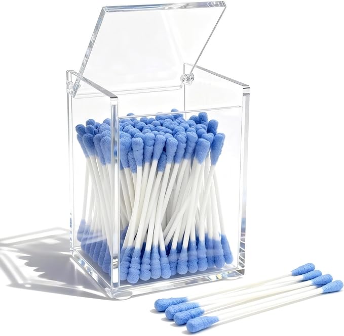 Dealpoli Clear Acrylic Qtip Holder with Lid, Cotton Balls Swab Organizer, 2.95" x 2.56" x 3.94" Dispenser for Makeup Pad, Floss Picks, Bath Salts, Cosmetic Storage Case, Home Bathroom Decor (DP058)