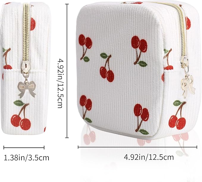 Teircno Period Bag for Women, Portable Corduroy Sanitary Napkin Storage Bag Cherry Period Pouch with Zipper, Sanitary Pads Bag Tampons Holder for Purse, First Period