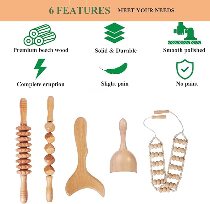 OYHMC Wood Therapy Massage Tools Professional Maderoterapia Kit Body Sculpting Tools for Lymphatic Drainage and Anti-Cellulite.Wood Massager Roller Rpoe for Back and Muscle Pain Relief (5pcs)