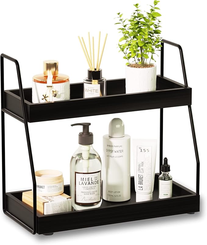 ZGO 2-Tier Modern Bathroom Counter Organizer, Wooden Sink Organizer Shelf for Vanity Storage, Makeup Bedroom Corner (Black Frame, 2 Shelves)