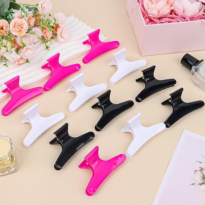 BAHABY Hair Clips for Styling Sectioning 12 Pack Black White Hot Pink Butterfly Clamps Hair Claw Clips Pro Salon Hair Clips for Styling, Sectioning, Cutting and Coloring