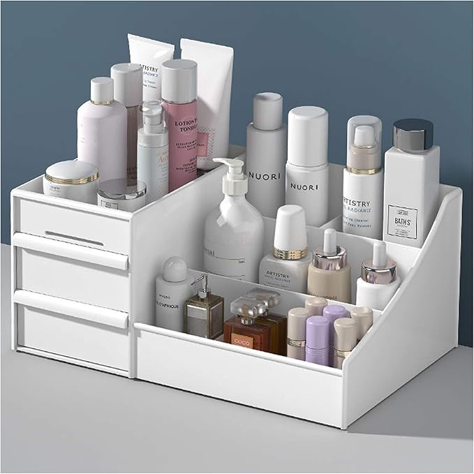 HASPINH Large Makeup Capacity Cosmetic Storage Box Skin Care Organizer Jewelry,Makeup, Brushes, Lipsticks, Nail Polish Container,Desktop Dresser Sundries Storage Box (White)