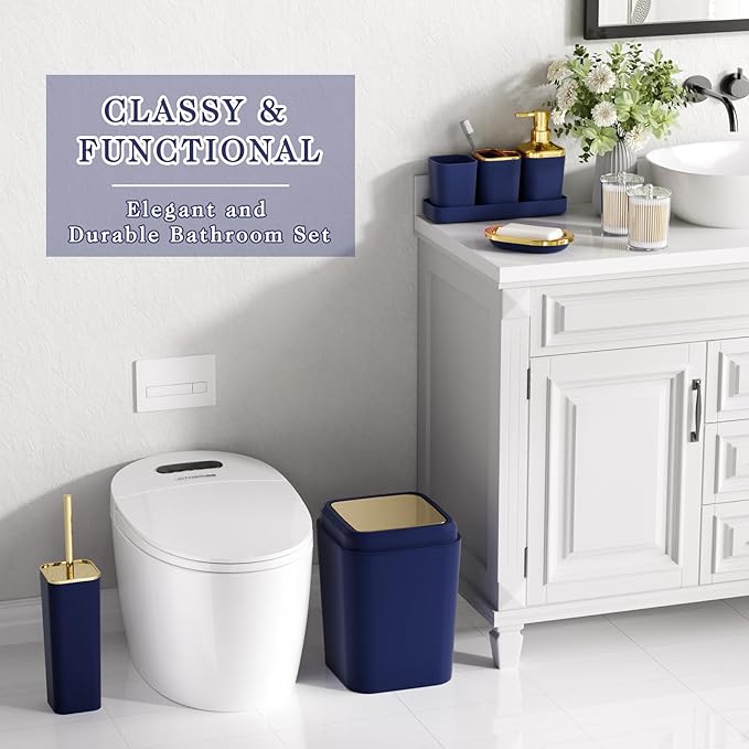 XLHOMO Bathroom Set, 9PC Bathroom Accessory Set, Blue Bathroom Accessories, Blue Bathroom Set, Trash Can, Soap Dispenser for Home Decor