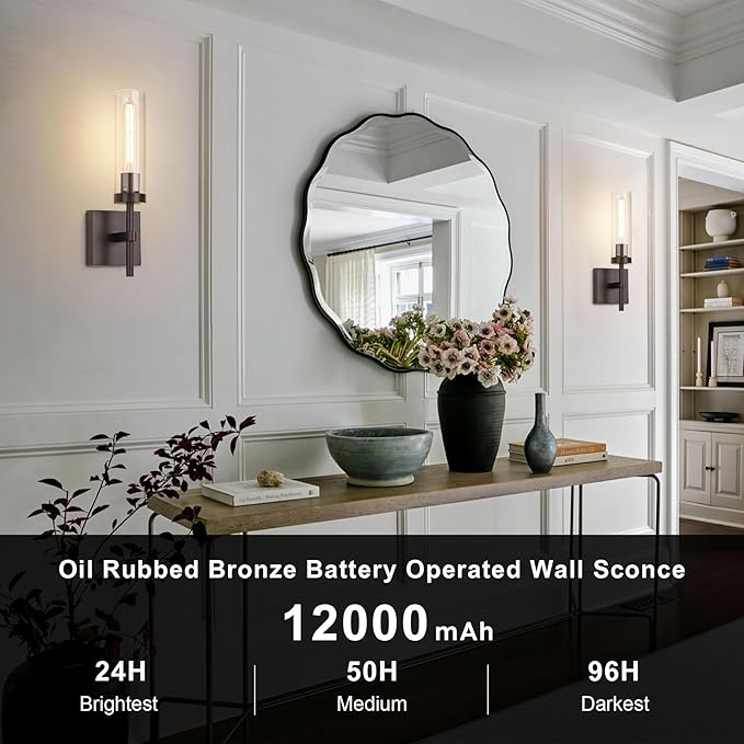 SANTOSTOCK Oil Rubbed Bronze Battery Operated Wall Sconces with Remote Control, Wireless Wall Sconce Set of 2, Rechargeable Cordless Wall Lights for Living Room Bathroom Hallway Entryway Stairwell
