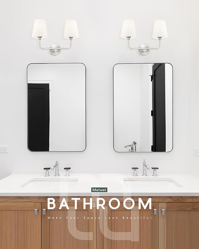 2-Light Bathroom Light Fixtures, Brushed Nickel Vanity Lights, Double Wall Sconce with Flared White Fabric Shade, Modern Sconces Wall Lighting for Hallway Bedroom Stairway, VL837-BN-2-S