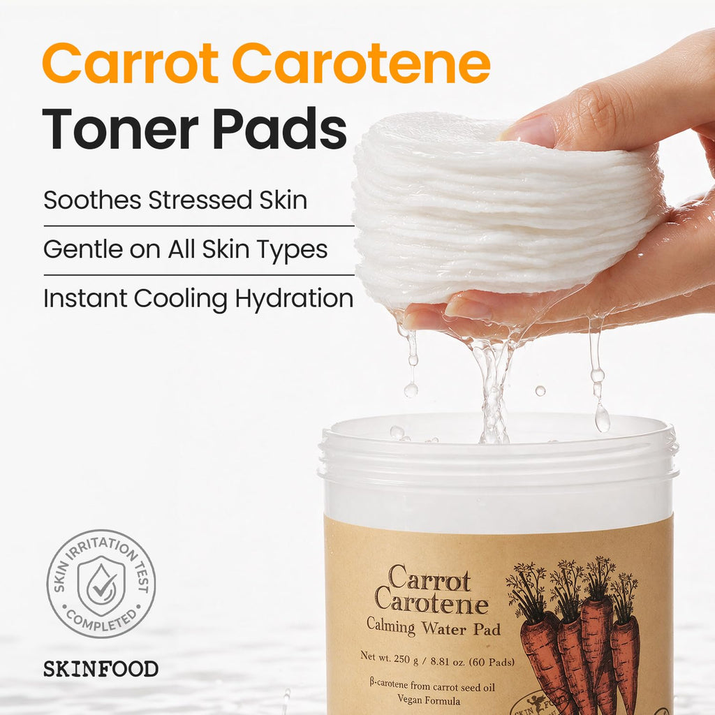 SKINFOOD Carrot Carotene Toner Pads, Hydrating & Soothing, Cotton Facial Toner Pads for Sensitive Skin, Korean Skincare for Face, Quick Calming, After Sun & Heat Care, 60 Pads