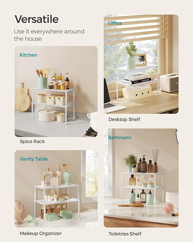 SONGMICS Cabinet Organizer Shelf, Set of 2 Kitchen Counter Shelves, Kitchen Storage, Spice Rack, Stackable, Expandable, Metal and Engineered Wood, 15.6 Inches, Cloud White and Snow White UKCS025W01