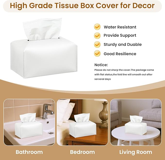 Long Tissue Box Cover, PU Leather Tissue Holder Rectangle, Facial Paper Organizer, Modern Dispenser for Bathroom, Kitchen, Home, Office, Tabletop (1, White, Tall)