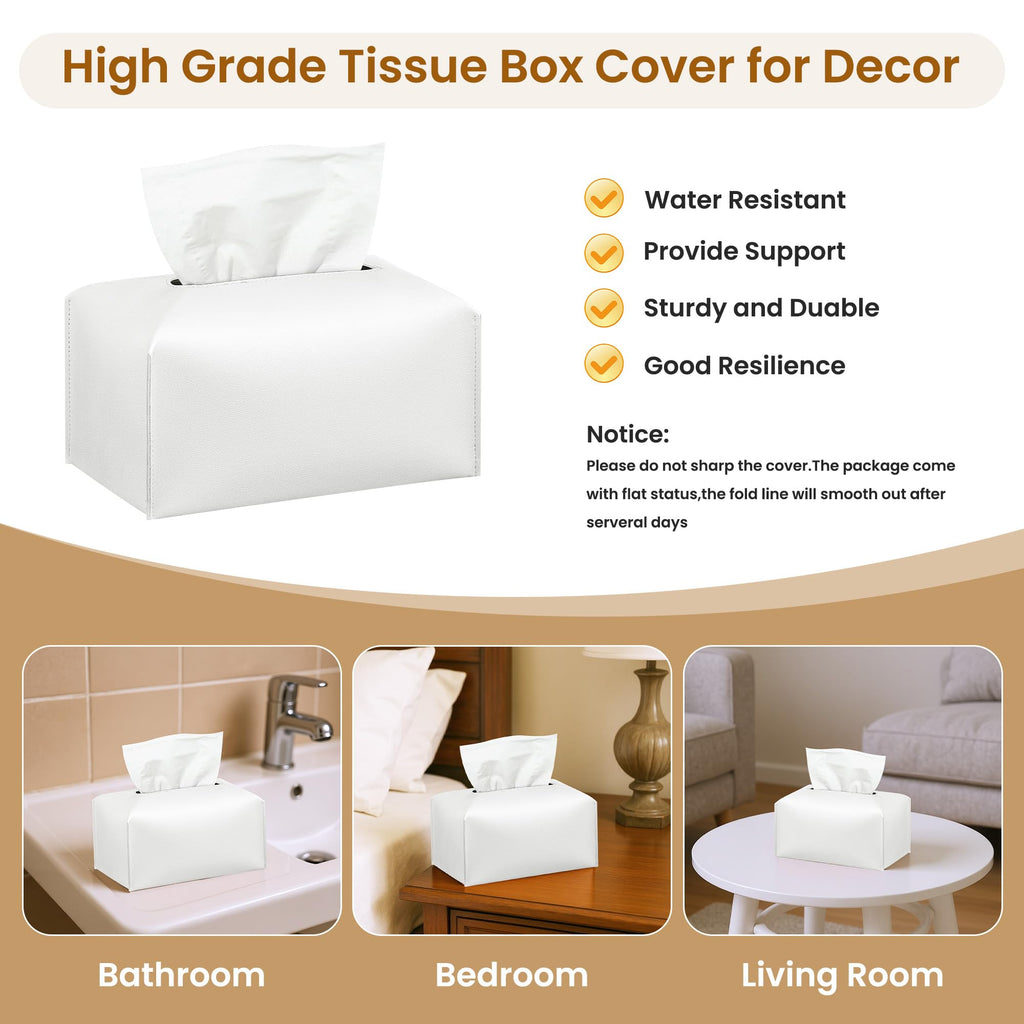 Long Tissue Box Cover, PU Leather Tissue Holder Rectangle, Facial Paper Organizer, Modern Dispenser for Bathroom, Kitchen, Home, Office, Tabletop (1, White, Tall)