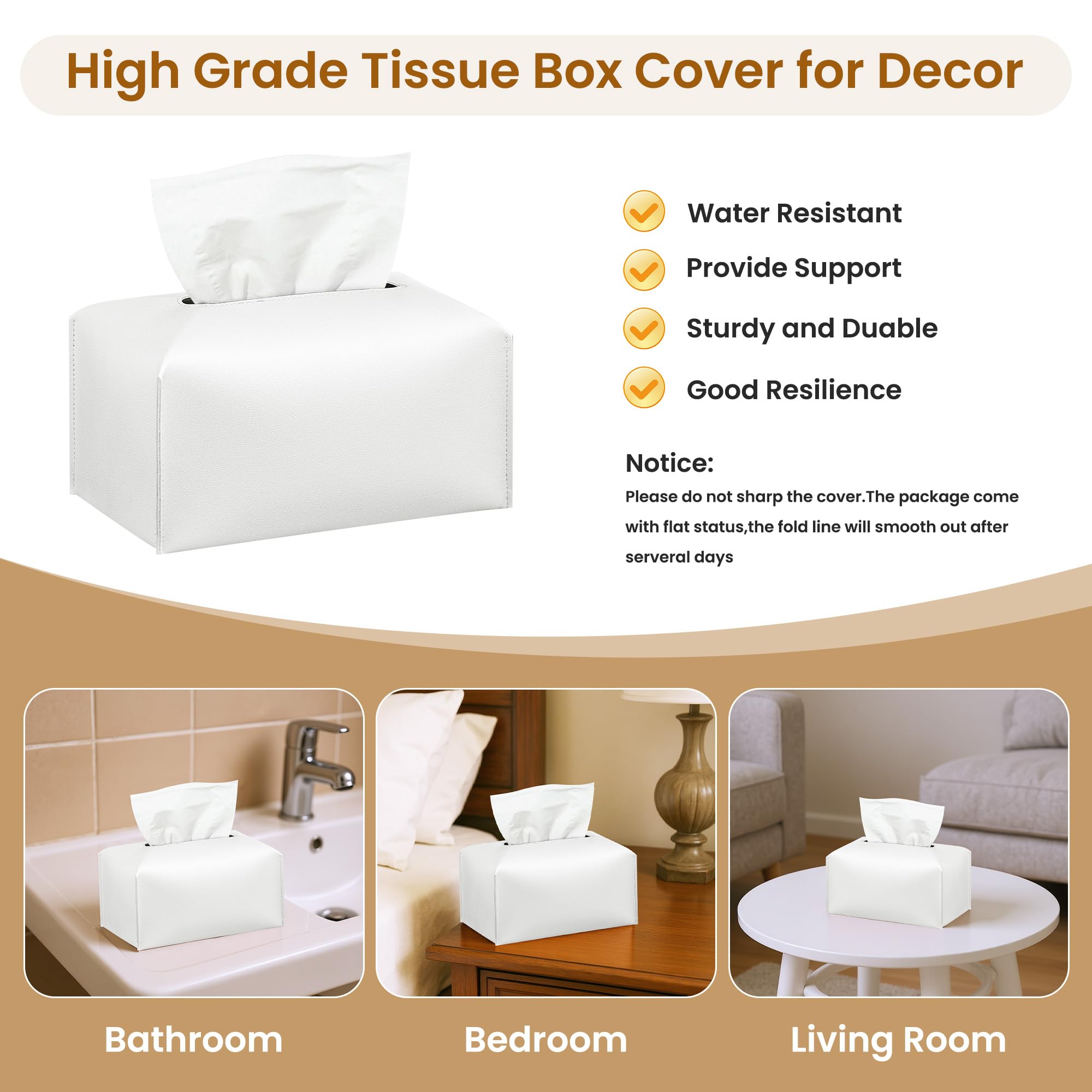 Long Tissue Box Cover, PU Leather Tissue Holder Rectangle, Facial Paper Organizer, Modern Dispenser for Bathroom, Kitchen, Home, Office, Tabletop (1, White, Tall)