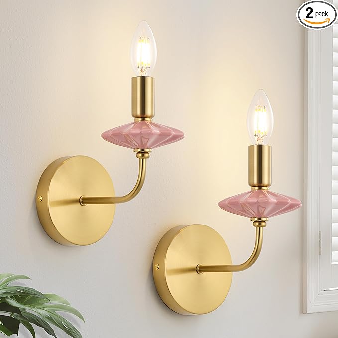 Modern Retro Wall sconces Set of Two with Pink Ceramic Flower Decoration,Brushed Gold Wall Lights, Hardwired Vintage Vanity Light for Bathroom, Living Room, Bedroom, and hallways.