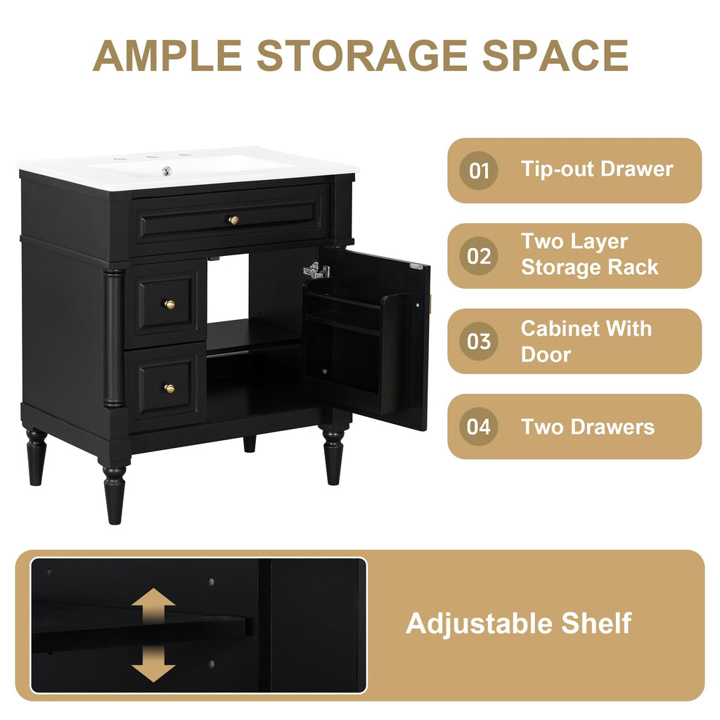 Harper & Bright Designs 30" Bathroom Vanity with Sink, Free Standing Bathroom Vanity Set with Flip Drawer, 2 Drawers, and Adjustable Shelf, Wood Storage Cabinet with Ceramic Basin for Bathroom, Black
