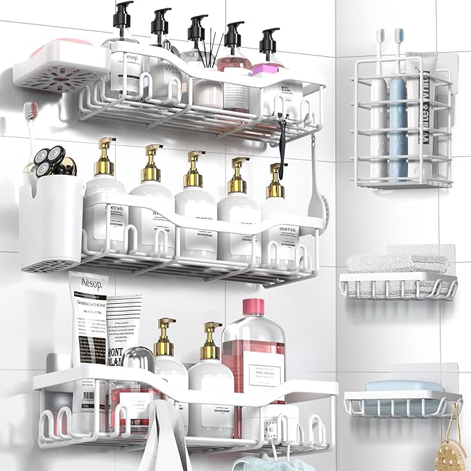 NESOMI Shower Caddy Adhesive Shower Organizer 8-Pack, Rustproof Stainless Steel Bathroom Shelves, Large Capacity No-Drill Rack Storage Accessories with Soap Dish Toothbrush Holder Hooks