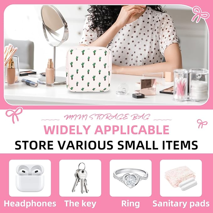 OLLBIT Sanitary Napkin Storage Bag,Period Bag,Portable Period Bag for Teen Pads Sanitary Napkins Small Tampons First Period Gifts for School Hygiene Bags Travel Containers (Cactus)