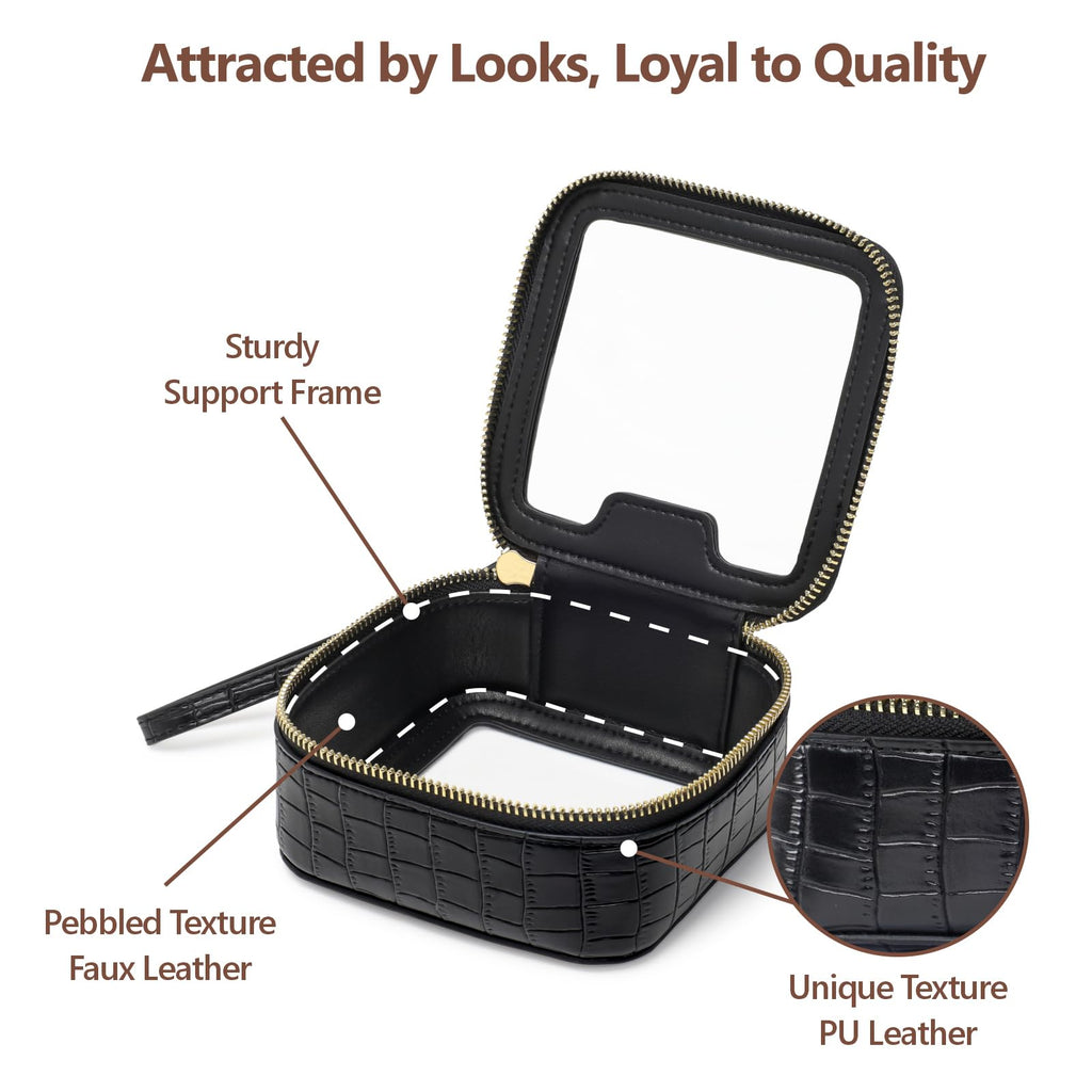 PACKISM Structured Clear Makeup Bag - Faux Leather Cosmetic Pouch with Reinforced Frame, Stand-Up Toiletry Organizer for Purse & Car Console, Mini Black