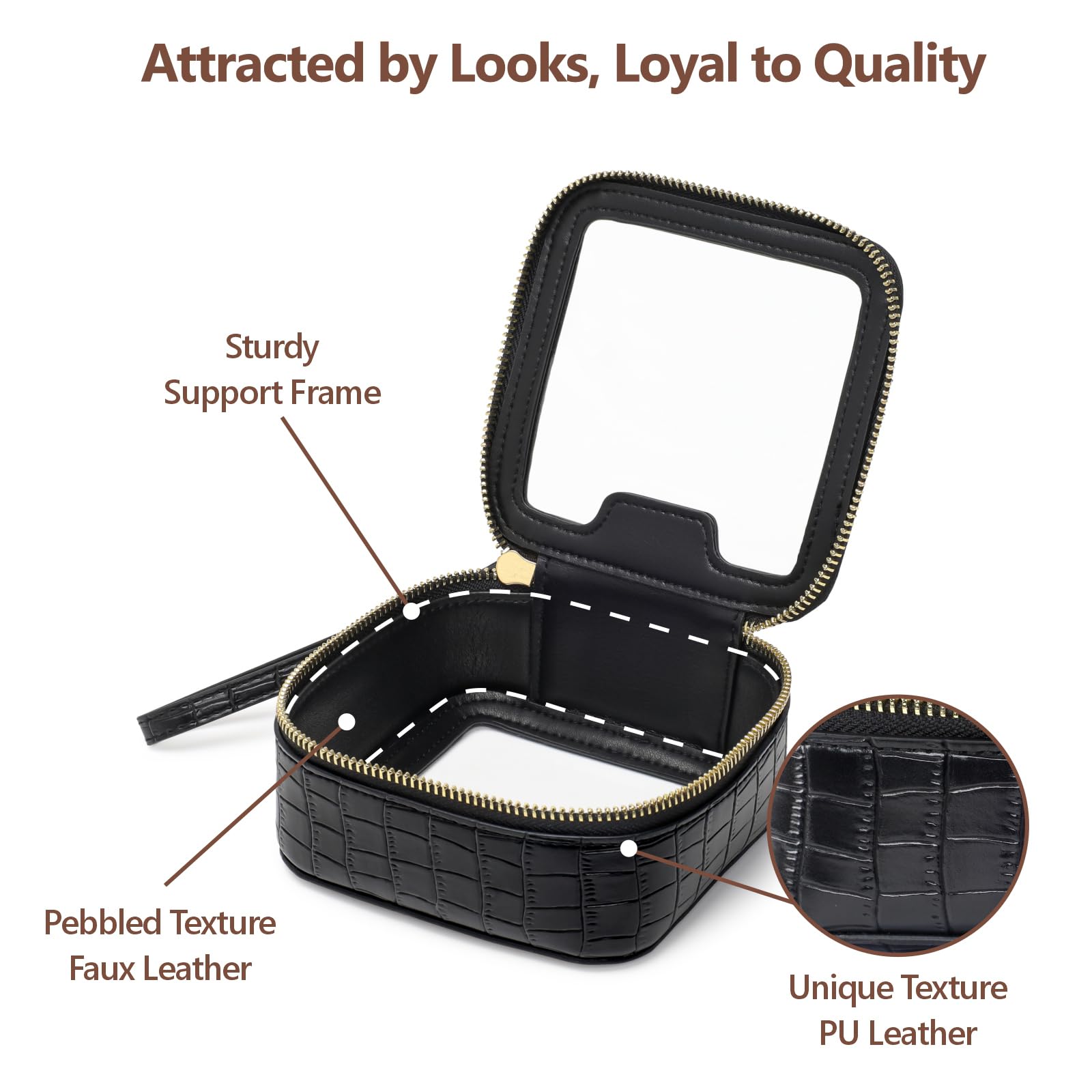 PACKISM Structured Clear Makeup Bag - Faux Leather Cosmetic Pouch with Reinforced Frame, Stand-Up Toiletry Organizer for Purse & Car Console, Mini Black