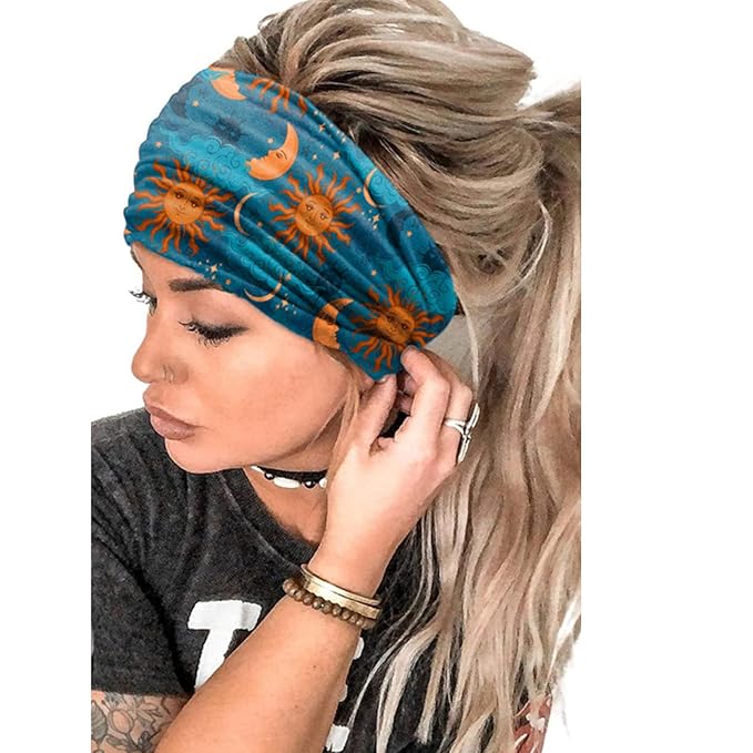 Women Headbands Stars Moon Wide Knotted Headband Non Slip Wraps Elastic Yoga Turban Fashion Hair Bands Soft Hair Wrap Hair Accessories for Girls Pack of 4 (Star Moon)