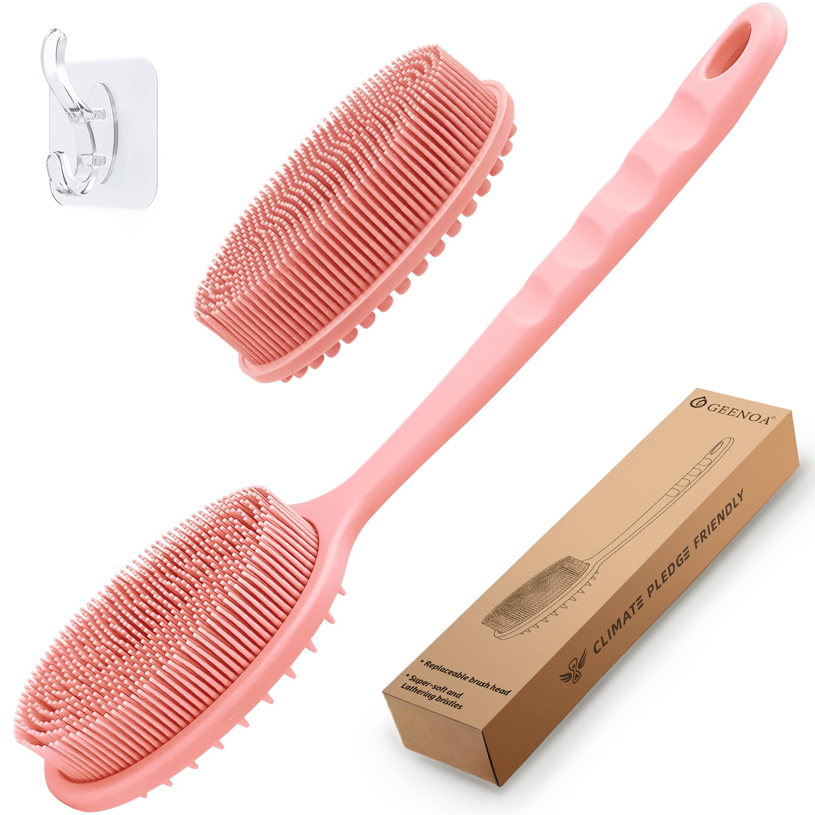 GEENOA Silicone Back Scrubber for Shower, Gentle Shower Scrubber for Lathering, Softe Silicone Loofah with Two Replaceable Brush Heads, Good for Kids, Sensitive Skin(Pink-Two Heads)