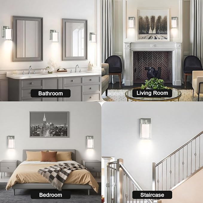 Wall Sconces Set of Two: Bathroom Sconce of 2, Silver Vanity Fixtures with Double Clear Glass Shade, E26 Base Hardwired Farmhouse Wall Lights for Bedroom Living Room Bathroom (Bulb not Included)