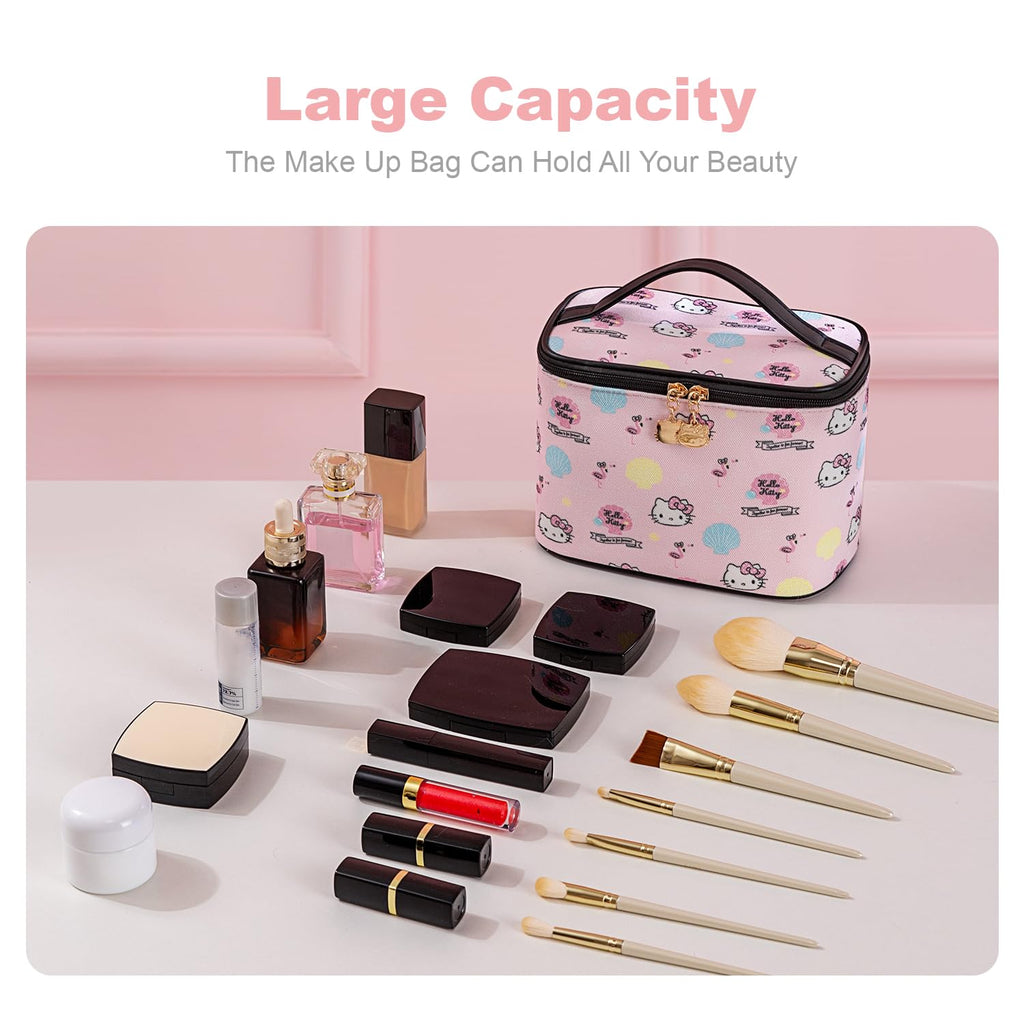 Vimanllie Cosmetic Bag Large Makeup Bag |Travel Toiletry Bags Organizer for Women | Pink Canvas Case with Brush Holder for Girls - Beauty Organizer for Home & Travel with Handle