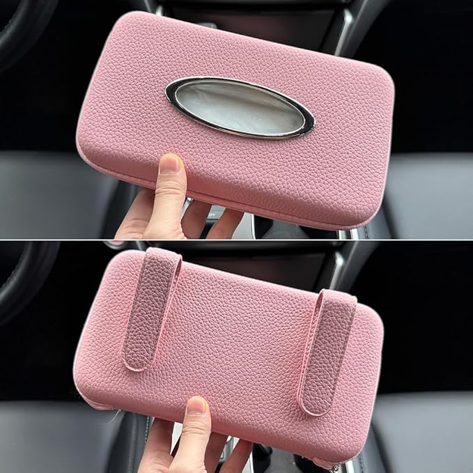 Sun Visor Tissue Holder, Zipper Napkin Holder, PU Leather Backseat Tissue Case for Vehicle (Pink)