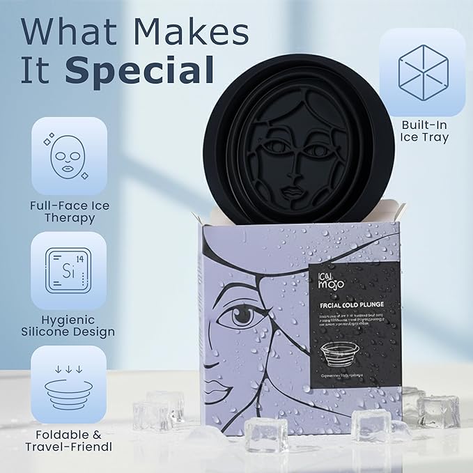 Icy-Mojo Facial Cold Plunge™ | Collapsible Silicone Ice Facial Bowl with Built-In Ice Tray | Portable Face Ice Bath for Skin Tightening, Puffiness, Acne Relief & Glow (Soft Pink) (Dark Blue)