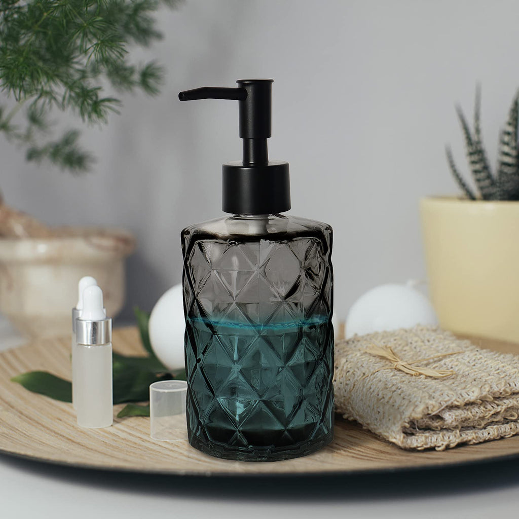 Glass Soap Dispenser with Plastic Pump, 330ml/11oz. Liquid Hand Soap Dispenser for Bathroom and Kitchen, Hand-Pump Dispenser for Dishwashing Liquid, Lotion, Soap, Shower Gel, Essential Oil (Black)
