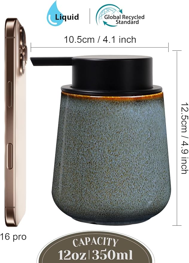 INGOFIN Ceramic Lotion Dispenser - 12 oz Refillable Hand Soap Dispenser Bathroom, Modern Liquid Dispenser with Pump, Dish Soap Dispenser for Kitchen,Kiln-Glazed Blue-Green