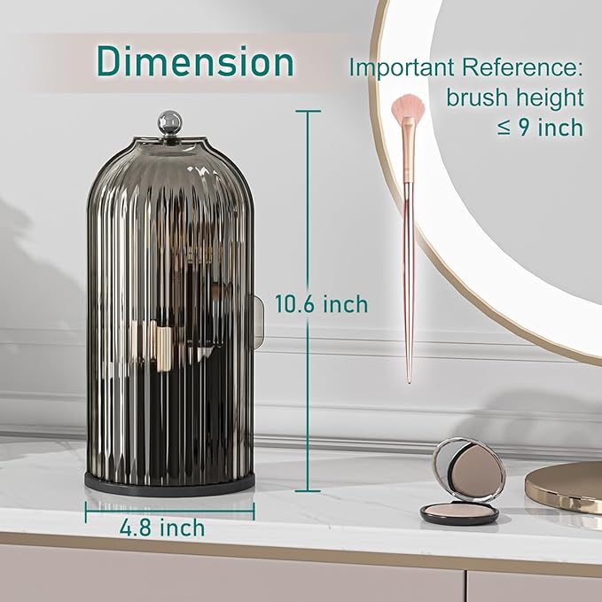 GAXmi Makeup Brush Holder with Lid Rotating Cosmetic Organizer, Black-Grey