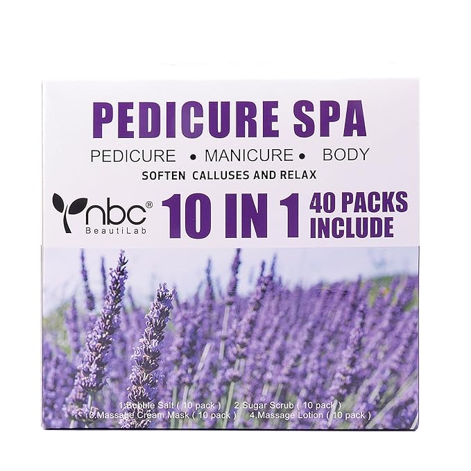 nbc BeautiLab 40 PCS Foot Soak, Pedicure Kit Foot Soak Set With Bubble Salt, Sugar Scrub, Massage Mask, Massage Lotion In a Box 4 Step Foot Spa Kit For Dry Cracked Feet, Tired Feet,10 Set Lavender
