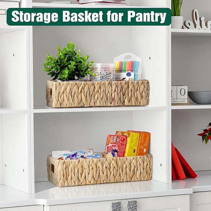 dreamkey Toilet Basket Tank Topper, Set of 2 Water Hyacinth Wicker Bathroom Storage Baskets, Back of Toilet Organizer for Toilet Paper, Towels, Toiletries, Hand Woven Nesting Baskets with Handles