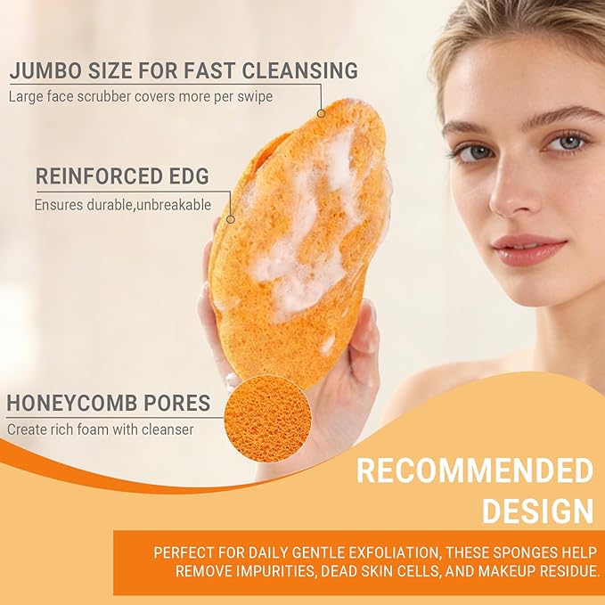 Extra Large Face Scrubber Exfoliator Sponges 3-Pack, Reusable Face Wash Pads with Hand Strap, Exfoliating Facial Sponge Reusable Face Scrub Pads for Daily Cleansing(Pink Orange Green)