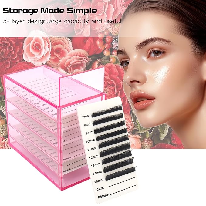 Mekupeu 5 Layer Makeup Organizer Storage Box Clear Eyelash Storage Box Eyelashes Grafting Eyelash Extension Tool (Pink)
