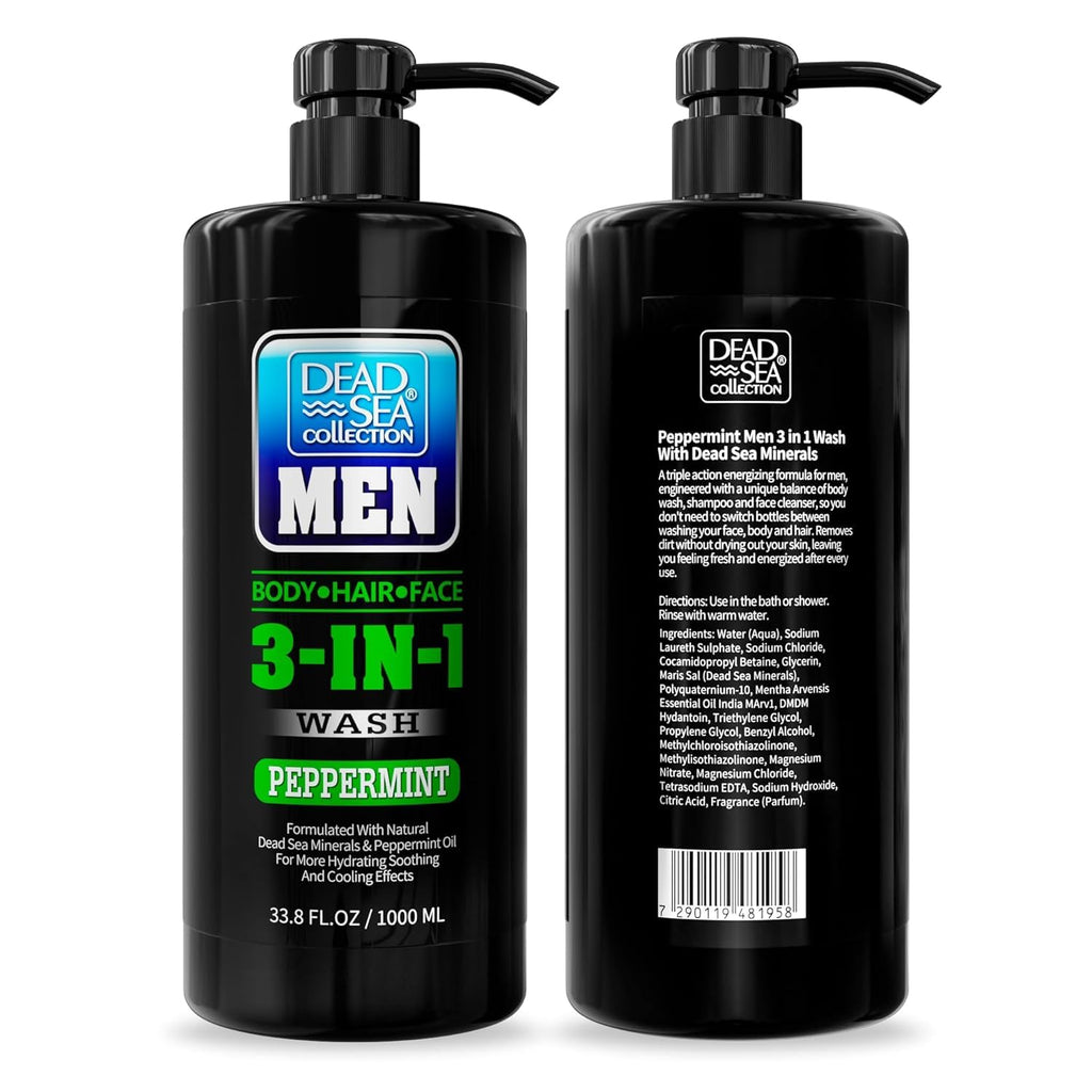 Dead Sea Collection Peppermint Men’s Body Wash – 3 in 1 Body Wash for Men for Hair, Face & Body – Moisturizing Shower Gel with Dead Sea Minerals – Pack of 2 (33.8 fl oz each)