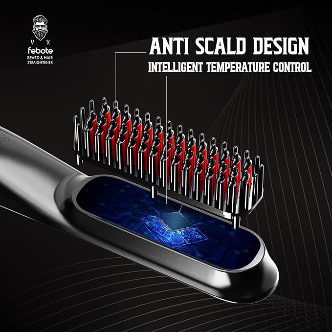 FEBOTE Heated Ionic Hair Straightening Brush for Men - 5 Temperature Settings, Anti-Scald, Beard Shaper & Travel Bag