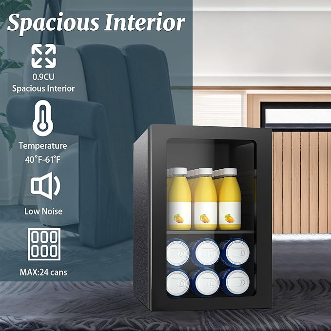 DOGHLY Beverage Refrigerator Cooler, 0.9 Cu.ft Mini Fridge Holds 24 Cans, Solid Door, Manual Temperature Control (at the Back), Quiet Compact Drink Fridge for Soda, Beer, Wine, Office, Dorm, Bar