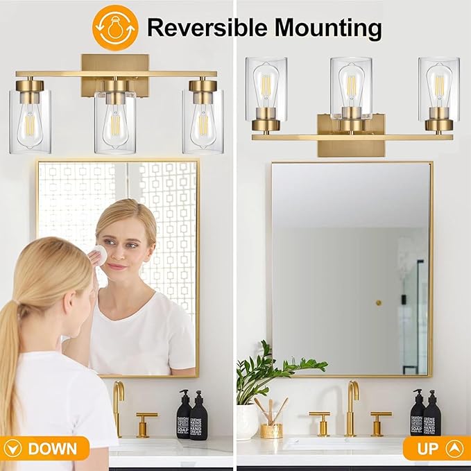 A1A9 3-Light Bathroom Vanity Light, Modern Brushed Gold Wall Lights with Clear Glass Shades, Bathroom Wall Sconce Lamp for Mirror Living Room Bedroom Hallway