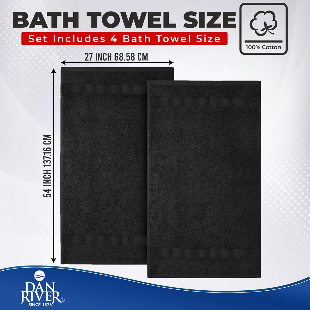 DAN RIVER 600 GSM Cotton Large Bath Towels Set of 4, 27 x 54 Inches, Black