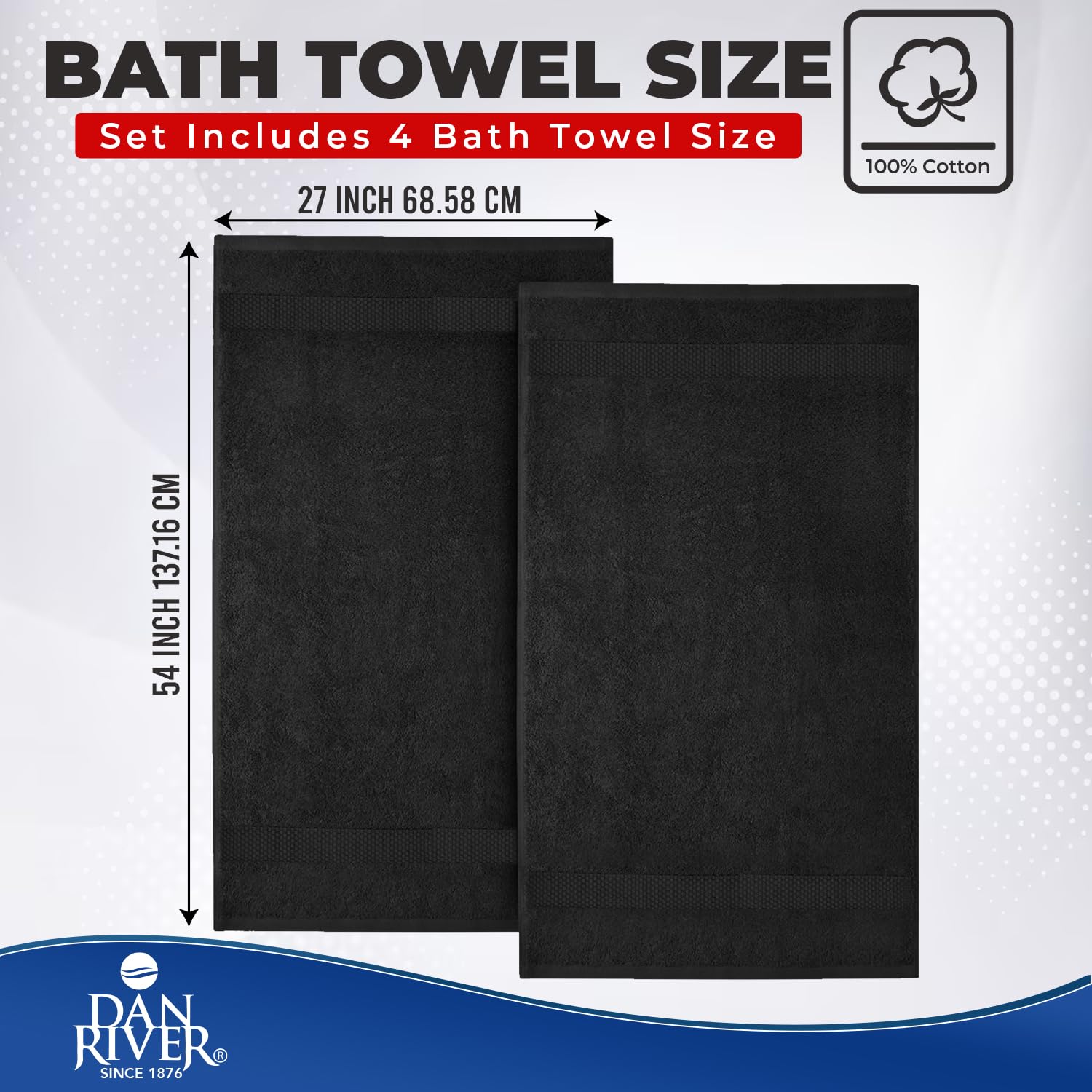 DAN RIVER 600 GSM Cotton Large Bath Towels Set of 4, 27 x 54 Inches, Black