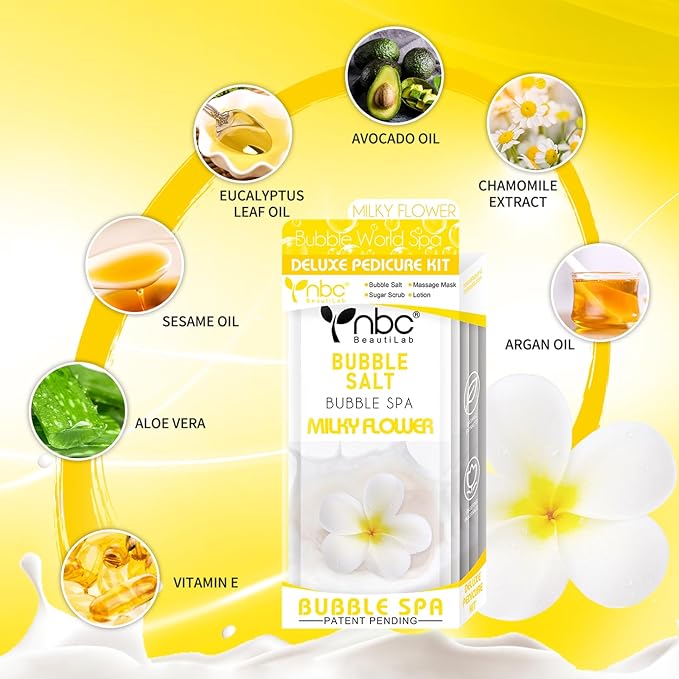 Pedicure Kit Foot Soak Set: Bubble Salt, Sugar Scrub, Massage Mask, Massage Lotion in a Box, 4 Step Foot Spa Kit for Dry Feet,Tired Feet (3 Set Milky Flower)