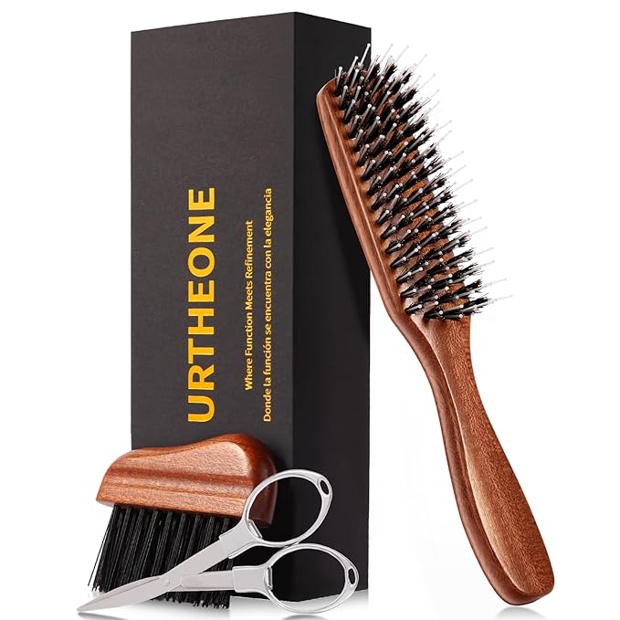 URTHEONE Boar Bristle Beard Brush,Hair Brush for Men,Mens Hair Brush for Thin hair and Beard,Slick Back Hairbrush with Natural Wood Handle, Cleaning Tool & Folding Scissors Included