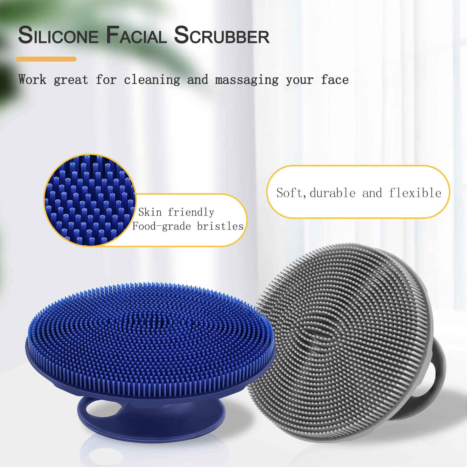 Silicone Face Brush Handheld Facial Cleansing Scrubber, Dark Blue+Gray