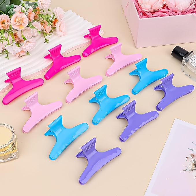 BAHABY Hair Clips for Styling Sectioning 12 Pack Pink Hot Pink Purple Blue Butterfly Clamps Hair Claw Clips Pro Salon Hair Clips for Styling, Sectioning, Cutting and Coloring