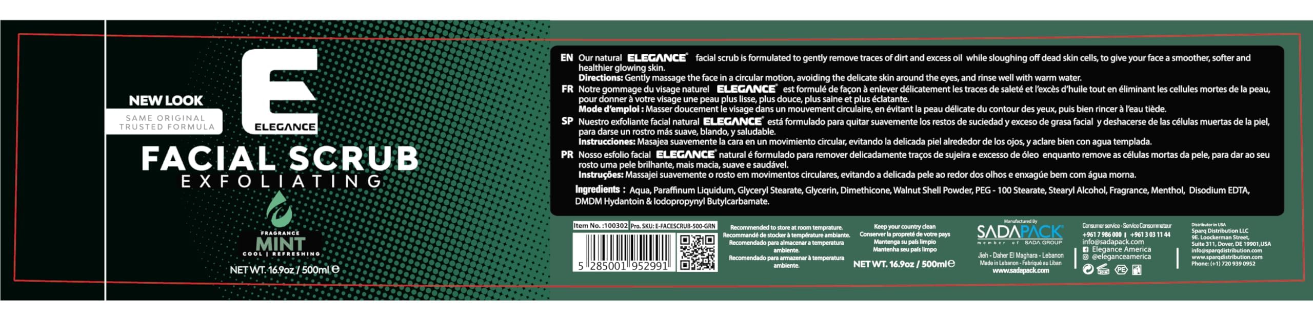 Elegance Natural Face Scrub, 16.9 Oz, Mint Based Facial Scrub, Exfoliate and Eliminate Impuritites for a Healthy and Hydrated Glowing Skin
