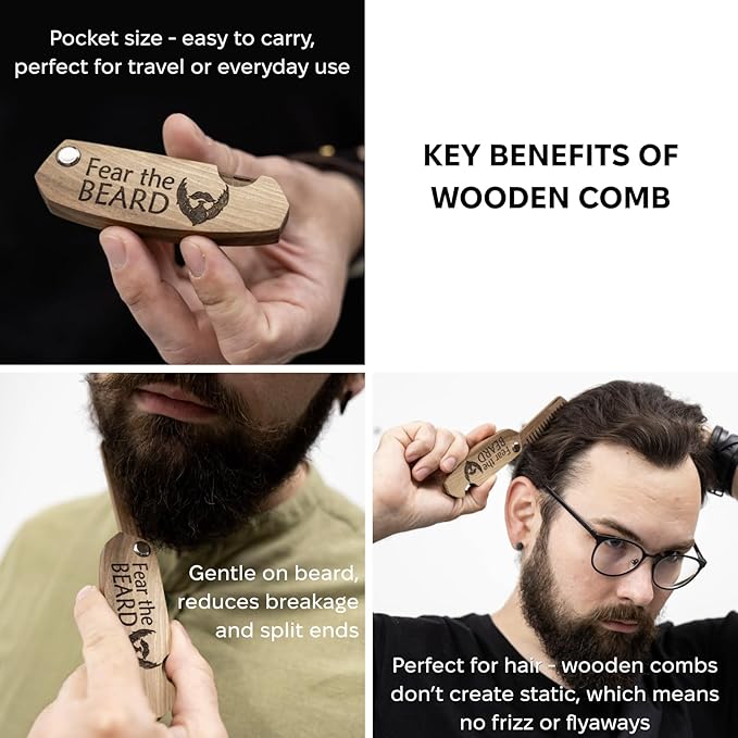 Beard Comb Gifts for Him Wooden Comb for Men Folding Pocket for Moustache Hair Walnut Combs Husband with the Engraving (Fear The Beard)
