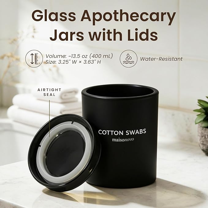 MaisoNovo Qtip Holder Bathroom Set – Airtight Glass Qtip Holder with Lid to Store Q Tips, Cotton Rounds, Cotton Balls, Floss Picks, Hair Ties with free labels pack - 2 Black Jars with Glass Lids