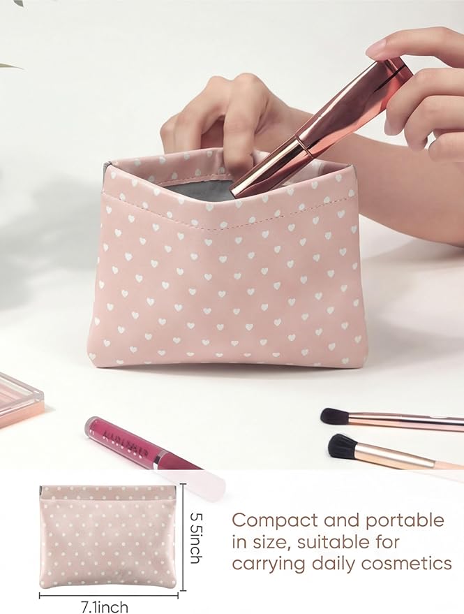 Ksriylm Hearts Leather Makeup Pouch Set for Women Small Make Up Bag for Purse Waterproof Initial Makeup Cosmetic Bags Pouches for Purse Aesthetic Travel Toiletry Bag,Nude Pink